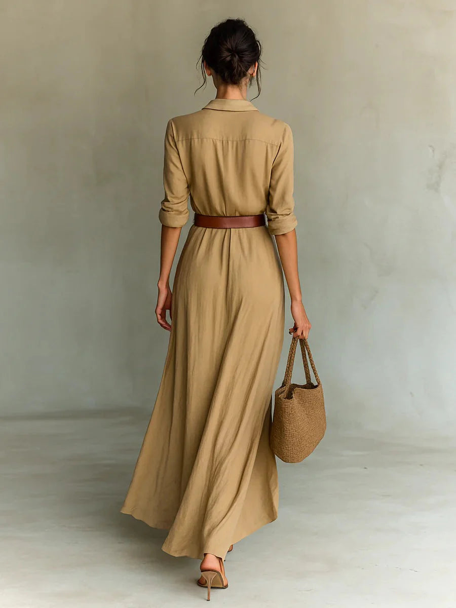 Klassish™  | Lange jurk met ceintuur, lange mouwen en revers