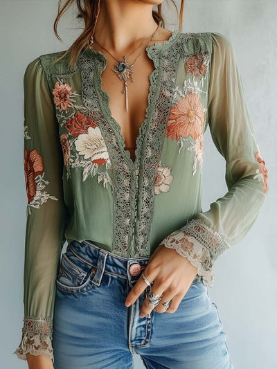 Boheemse Blouse - Elegante Kanten en Bloemenprint voor Elke Gelegenheid