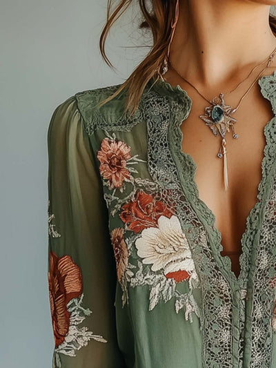 Boheemse Blouse - Elegante Kanten en Bloemenprint voor Elke Gelegenheid
