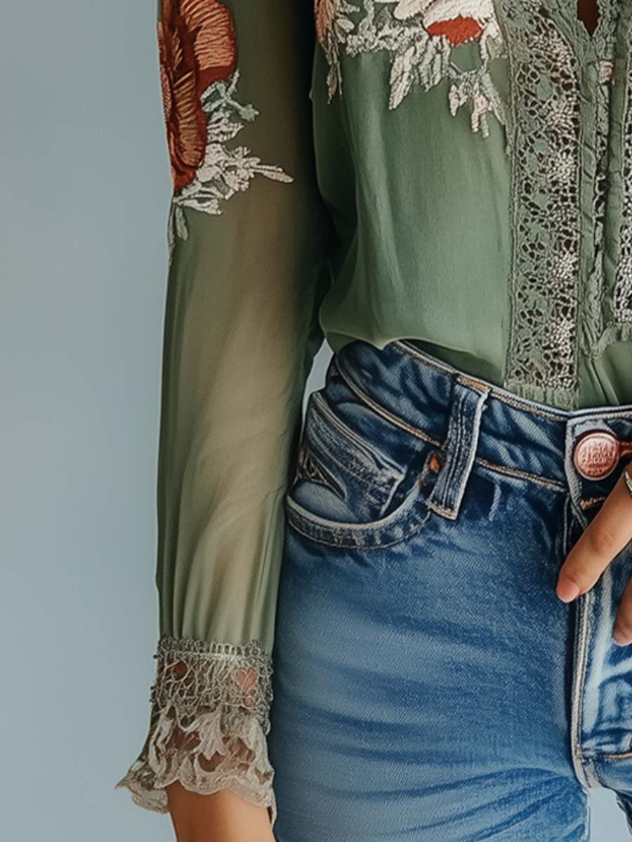 Boheemse Blouse - Elegante Kanten en Bloemenprint voor Elke Gelegenheid