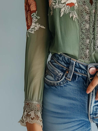 Boheemse Blouse - Elegante Kanten en Bloemenprint voor Elke Gelegenheid
