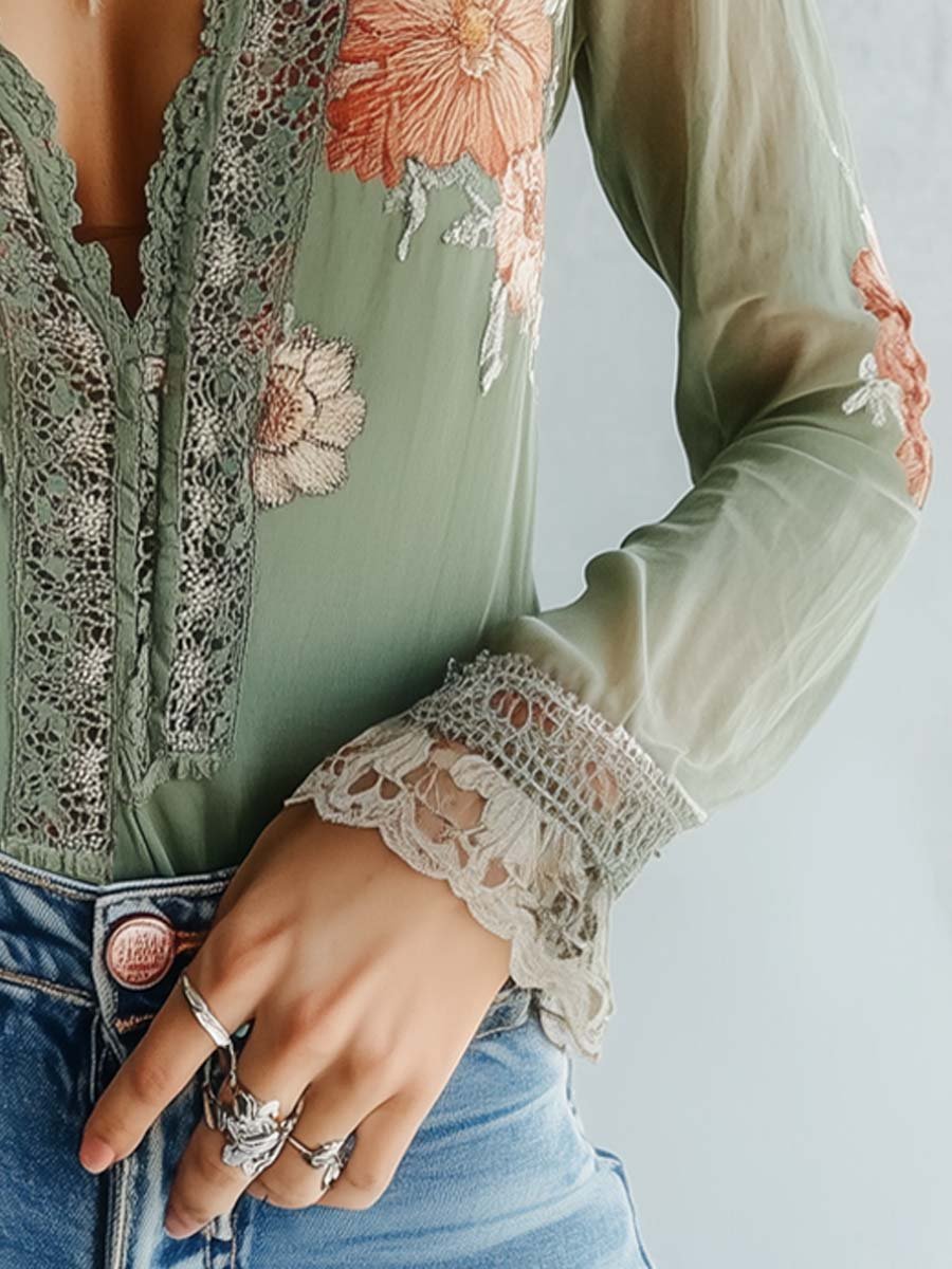 Boheemse Blouse - Elegante Kanten en Bloemenprint voor Elke Gelegenheid