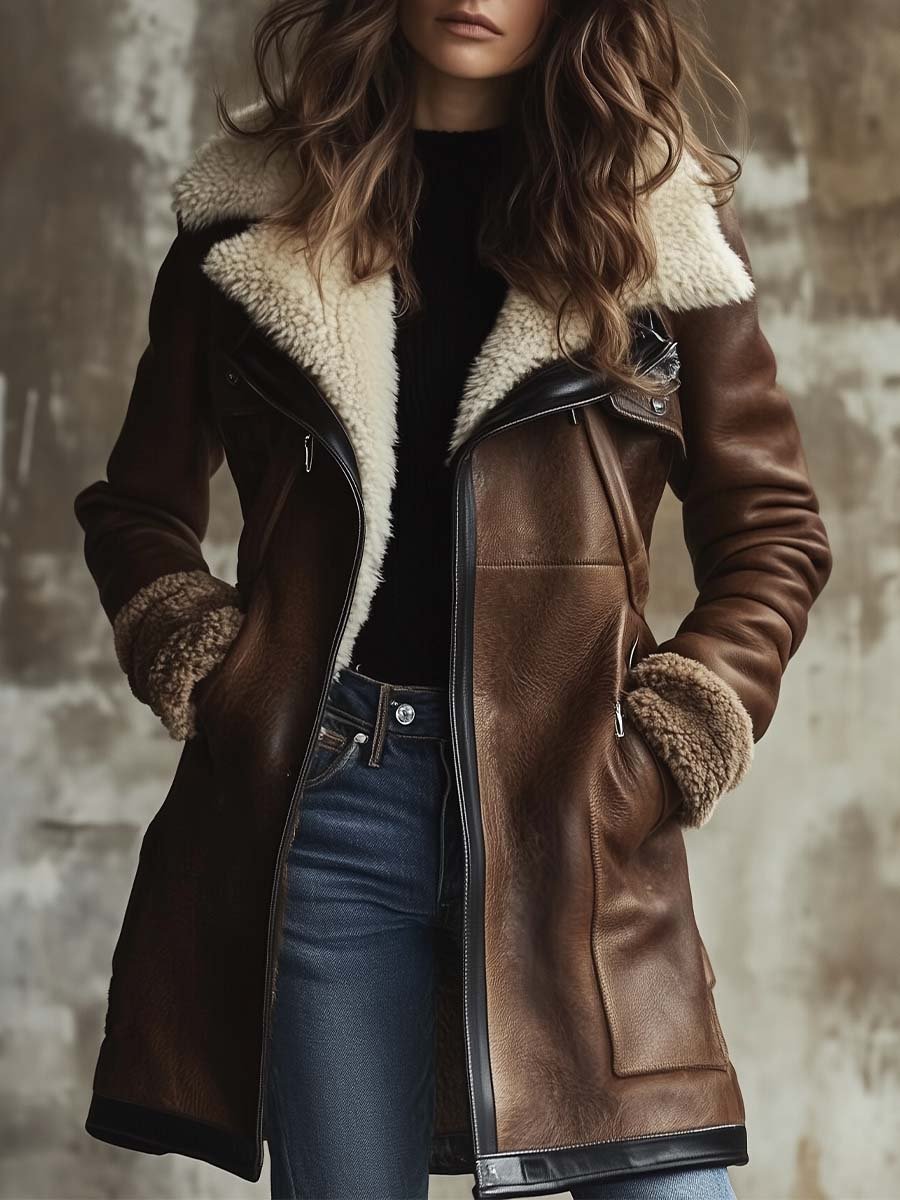 Dames Jas - Elegante Leren Dames Jas Voor Winter Met Lamskraag