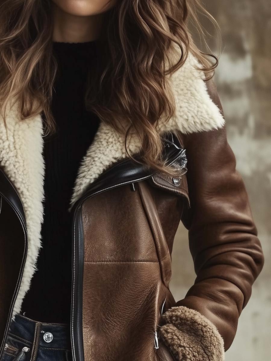 Dames Jas - Elegante Leren Dames Jas Voor Winter Met Lamskraag