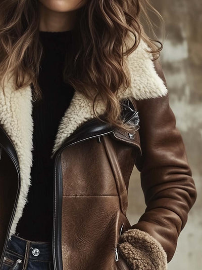 Dames Jas - Elegante Leren Dames Jas Voor Winter Met Lamskraag