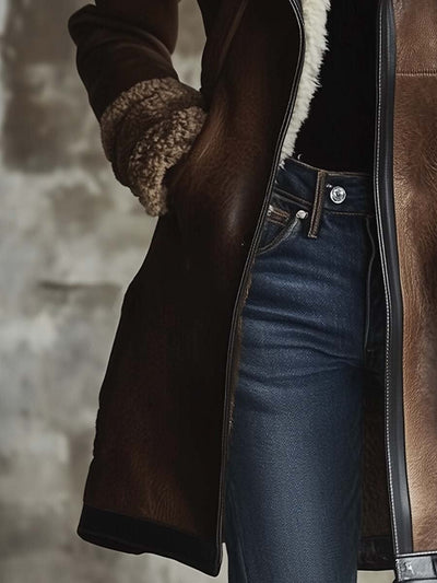 Dames Jas - Elegante Leren Dames Jas Voor Winter Met Lamskraag