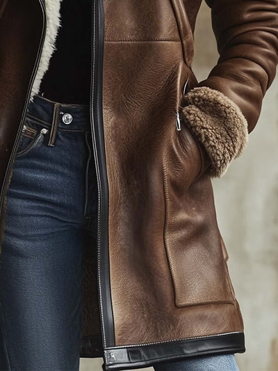 Dames Jas - Elegante Leren Dames Jas Voor Winter Met Lamskraag