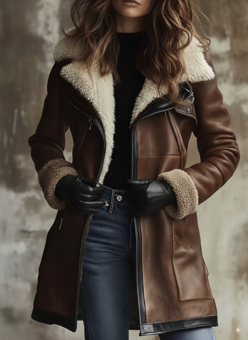 Dames Jas - Elegante Leren Dames Jas Voor Winter Met Lamskraag