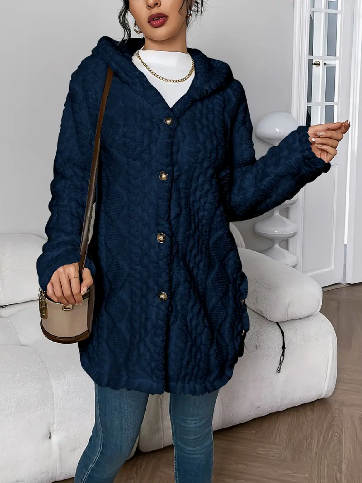 Klassish™ | Diamond-Patterned Hooded Cardigan