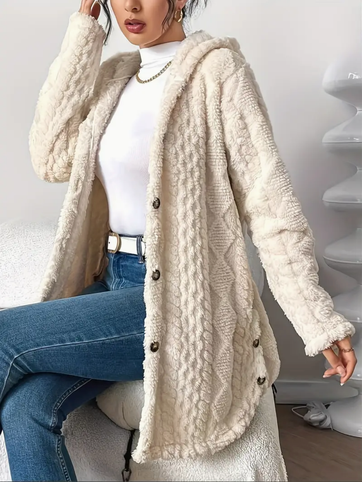 Klassish™ | Diamond-Patterned Hooded Cardigan