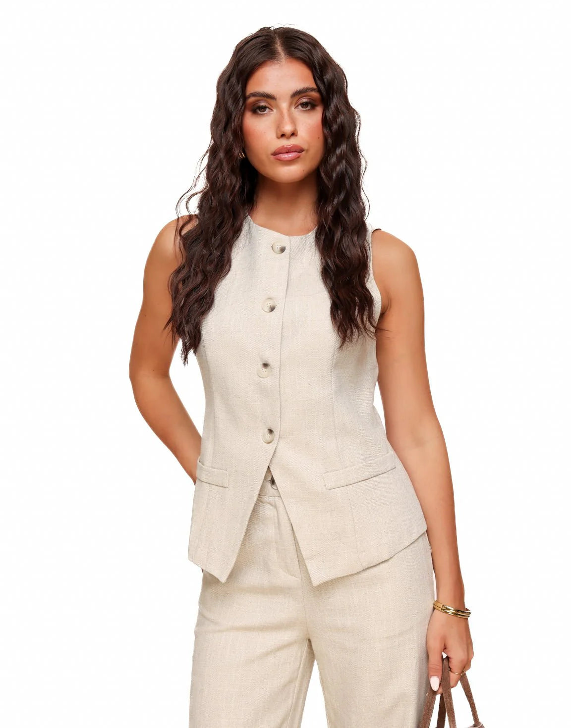 Klassish™  | Beige Linnen Hoge Knopen - Gilet
